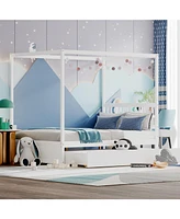 Canopy Bed with Trundle Wooden Platform Bed Frame Headboard