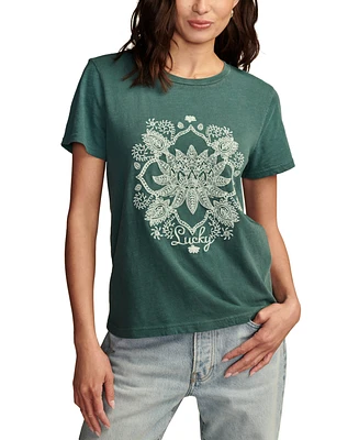 Lucky Brand Women's Cotton Embroidered Lotus Tee