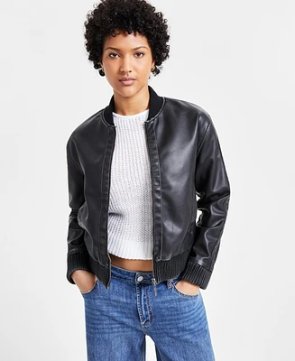 Jou Juniors' Distressed Faux-Leather Bomber Jacket, Created for Macy's