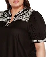 Belldini Black Label Plus Embroidered Boho Short Sleeve Top