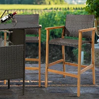 Sugift Set of 2 Pe Wicker Patio Bar Chairs with Acacia Wood Armrests