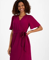 Connected Petite Surplice-Neck Faux-Wrap Flutter-Sleeve Dress