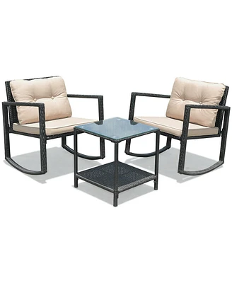 Sugift 3 Pieces Cushioned Patio Rattan Set with Rocking Chair and Table