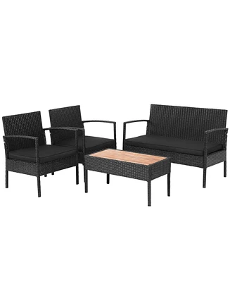 Sugift 4 Pieces Patio Rattan Cushioned Furniture Set with Wooden Tabletop