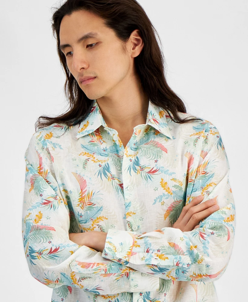 Club Room Men's Lula Regular-Fit Leaf-Print Button-Down Linen Shirt, Created for Macy's