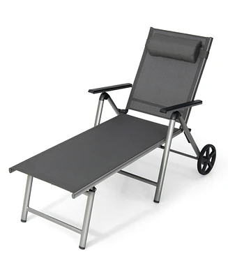 Sugift Adjustable Patio Folding Chaise Lounge Chair with Wheels