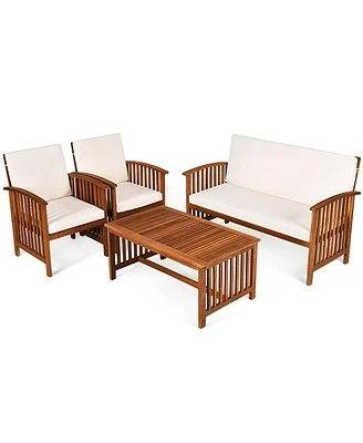 Sugift 4 Pieces Patio Solid Wood Furniture Set with Water Resistant Cushions