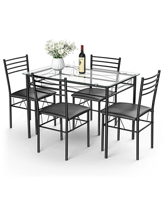 Sugift 5 Pieces Dining Set with Tempered Glass Top Table and 4 Upholstered Chairs