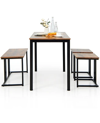 Sugift 4 Pieces Space-Saving Dining Table Set with Bench and 2 Stools