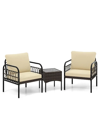 Sugift 3 Pieces Patio Wicker Conversation Set with Cushions and Tempered Glass Coffee Table