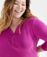 Style & Co Plus Size 3/4-Sleeve Cotton Henley Top, Created for Macy's