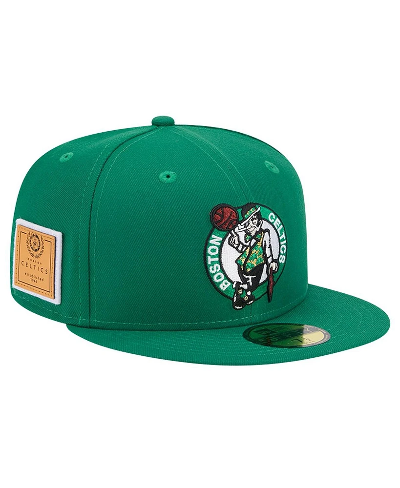 New Era Men's Kelly Green Boston Celtics Court Sport Leather Applique 59fifty Fitted Hat