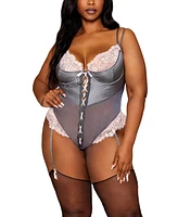 Dreamgirl Plus Stretch Satin, Mesh, and Eyelash Lace Garter Teddy with Quilting Details