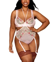 Dreamgirl Plus Vintage Rose Embroidery Bra and Open Cup Teddy Set