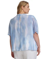 Calvin Klein Plus Printed Ruffle-Trim Short-Sleeve Blouse