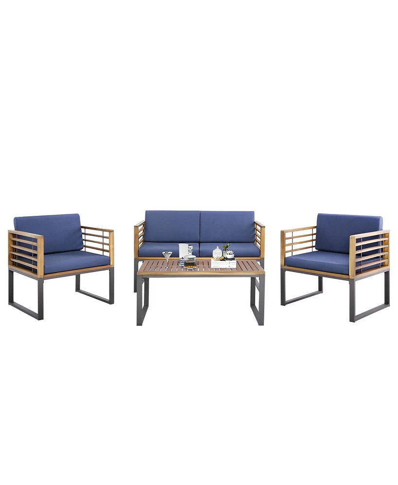 Sugift 4 Piece Patio Acacia Wood Conversation Set with Soft Seat