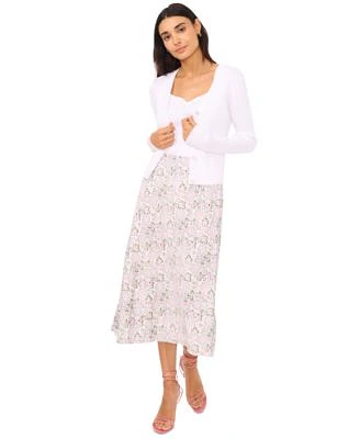 Cece Womens Sweetheart Neck Knit Tank Imitation Pearl Button Cardigan Floral Print Midi Slip Skirt