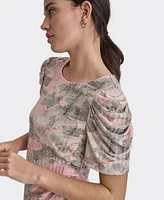 Dkny Petite Printed Crewneck Ruched-Sleeve Blouse