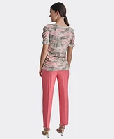 Dkny Petite Printed Crewneck Ruched-Sleeve Blouse