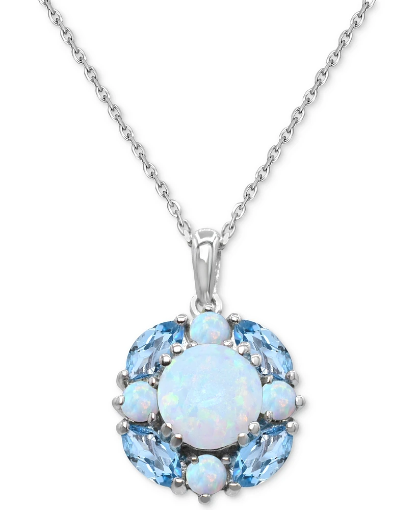 Lab Grown Opal (1-1/5 ct. t.w.) & Swiss Blue Topaz Cluster 18" Pendant Necklace Sterling Silver (Also Multi-Gemstone)