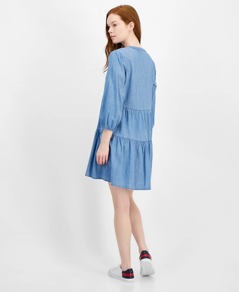 Tommy Hilfiger Women's Split-Neck Tiered Mini Dress