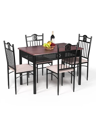 Slickblue 5 Pcs Dining Set Wood Metal Table and 4 Chairs with Cushions