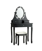 Slickblue 3 Drawers Lighted Mirror Vanity Dressing Table Stool Set-Black