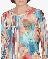 Alfred Dunner Sedona Sky Women's Spliced Floral Brushstroke Stripes Top