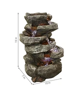 Stone Falls 15-Inch 6-Tier Tabletop Water Fountain with Led Lights - Electric Submersible Pump - Polyresin