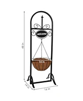 Sunnydaze Decor Black Iron Frame Hanging Basket Planter with Welcome Sign - 48 in