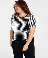 On 34th Trendy Plus Size Striped Knot-Detail Puffed-Sleeve Top, Created for Macy's