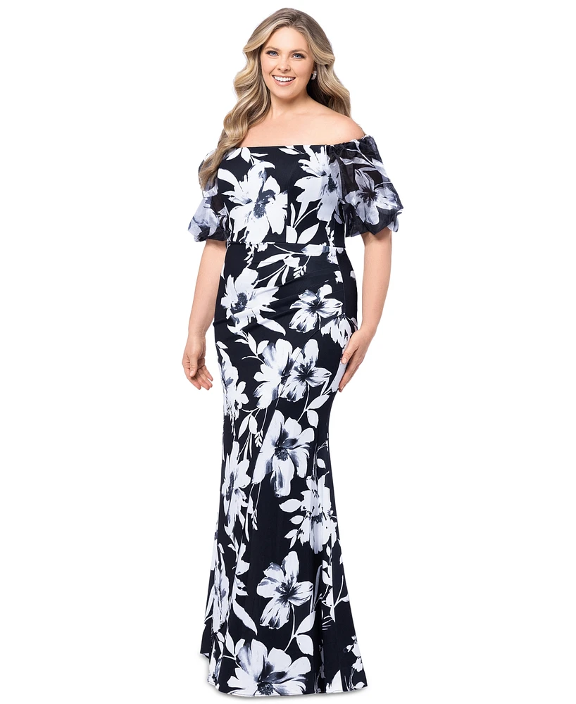 Xscape Plus Floral Balloon-Sleeve Off-The-Shoulder Gown