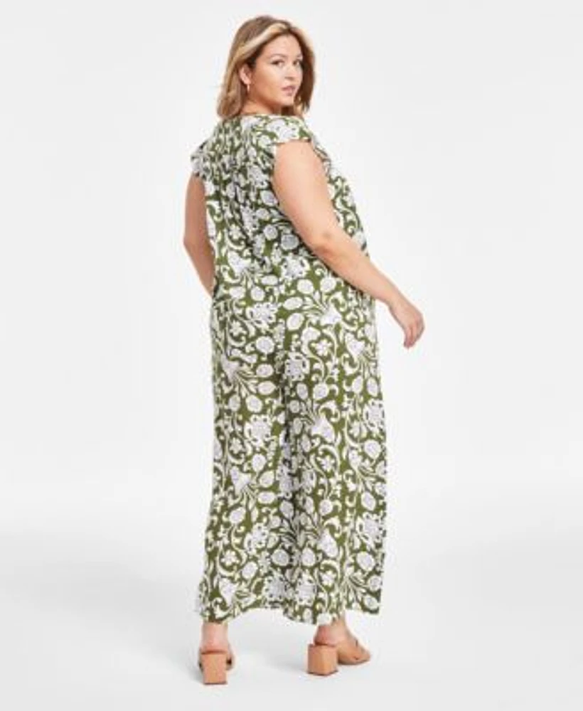 Vince Camuto Plus Size Printed Sleeveless Blouse Smocked Waist Wide Leg Pants