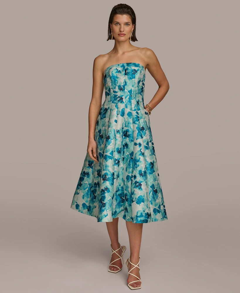 Donna Karan Women's Floral-Jacquard Strapless Midi Dress