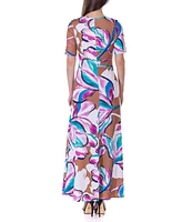 24seven Comfort Apparel Women's Print Elbow Sleeve Casual A Line Maxi Dress