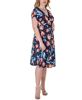 24seven Comfort Apparel Tulip Print V Neck Empire Waist Kimono Cap Sleeve Knee Length Dress