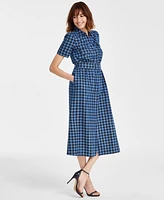 Anne Klein Women's Houndstooth Camp-Pocket Cotton Midi Dress