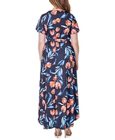 24seven Comfort Apparel Print V Neck Belted High Low Faux Wrap Dress
