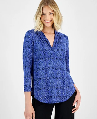 Jm Collection Women's Printed V-Neck 3/4-Sleeve Top, Created for Macy's