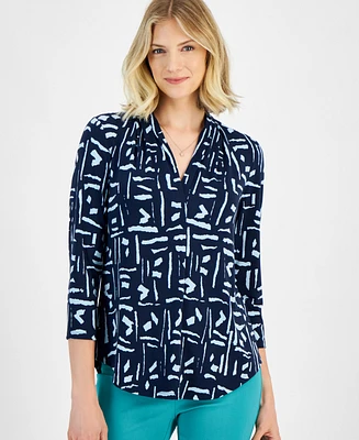 Jm Collection Women's Printed V-Neck 3/4 Sleeve Top, Created for Macy's