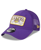 New Era Men's Purple Los Angeles Lakers Plate Oversized Patch Trucker 9Forty Adjustable Hat