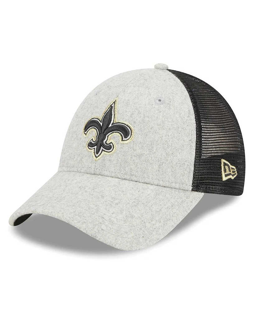 New Era Men's Heather Gray/Black New Orleans Saints Pop Trucker 9Forty Adjustable Hat