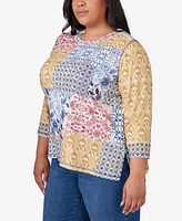 Alfred Dunner Plus Size Scottsdale Abstract Patchwork Button Down Top