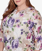 Alfred Dunner Plus Size Charm School Embellished Keyhole Floral Textured Top