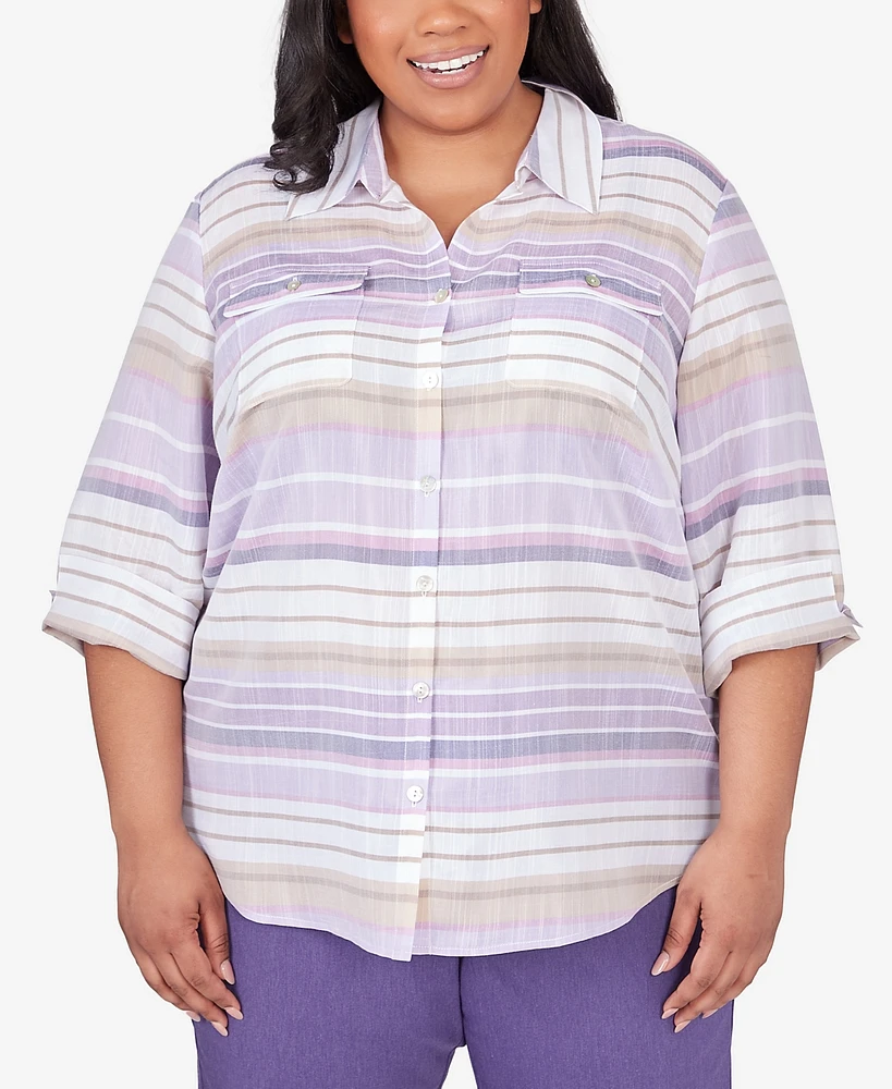 Alfred Dunner Plus Charm School Horizontal Stripe Button Down Top