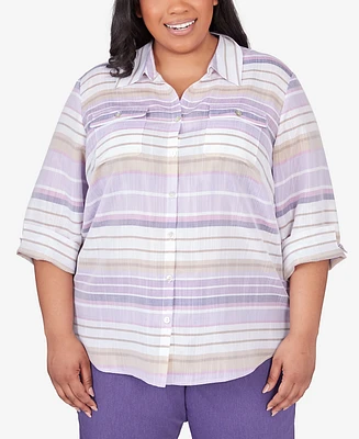 Alfred Dunner Plus Size Charm School Horizontal Stripe Button Down Top