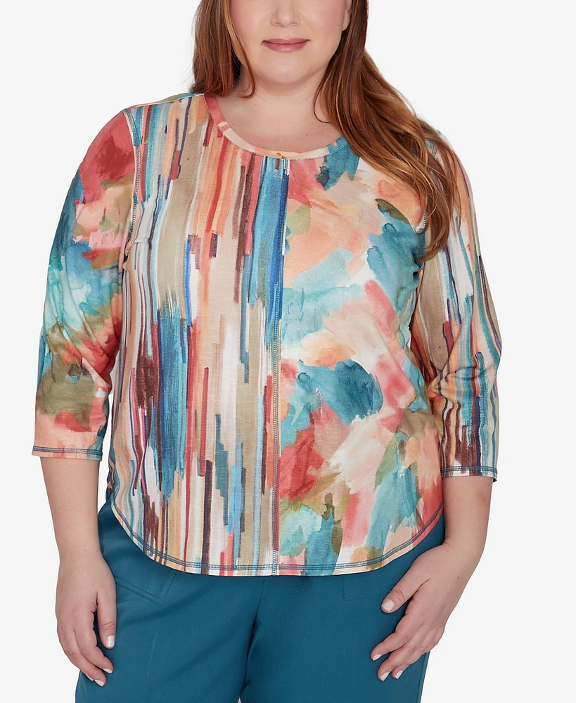 Alfred Dunner Plus Sedona Sky Spliced Floral Brushstroke Stripes Top