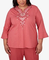 Alfred Dunner Plus Size Sedona Sky Split Neck Floral Embroidered Top