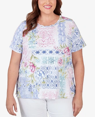 Alfred Dunner Plus Patchwork Floral Braided Neck Tee