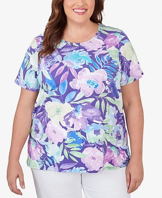 Alfred Dunner Plus Pleated Neck Floral Short Sleeve Tee